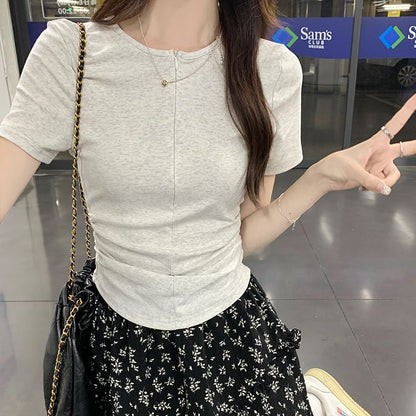 Fit Short-Sleeve T-Shirt Ruched Slim Round Neck Half-Zip