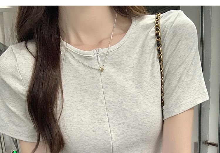 Fit Short-Sleeve T-Shirt Ruched Slim Round Neck Half-Zip