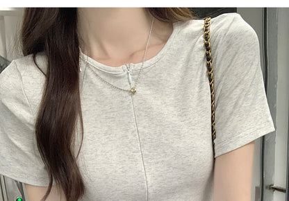 Fit Short-Sleeve T-Shirt Ruched Slim Round Neck Half-Zip