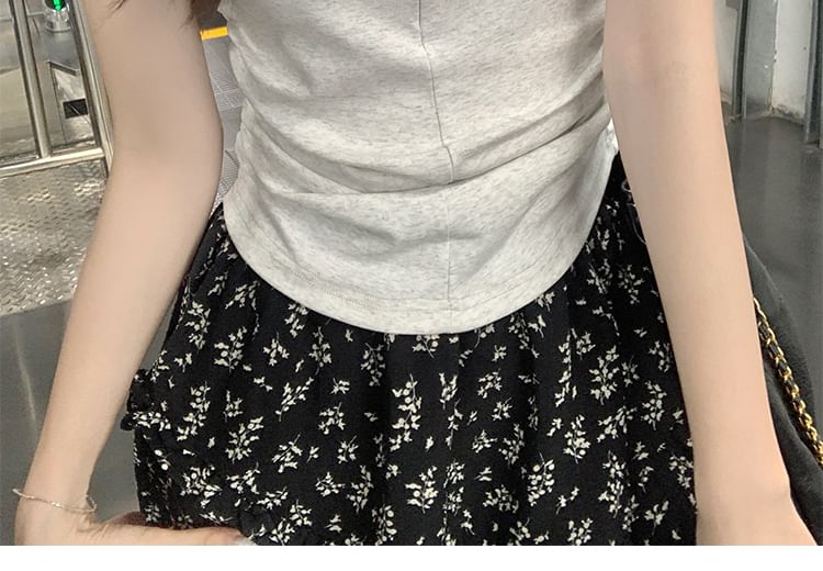 Fit Short-Sleeve T-Shirt Ruched Slim Round Neck Half-Zip