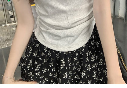 Fit Short-Sleeve T-Shirt Ruched Slim Round Neck Half-Zip