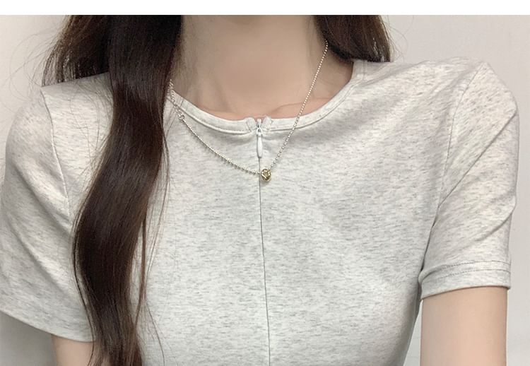 Fit Short-Sleeve T-Shirt Ruched Slim Round Neck Half-Zip