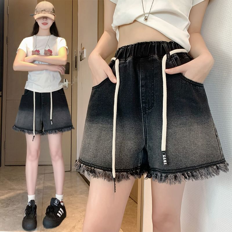 Denim Washed Waist Shorts Drawstring Fringed