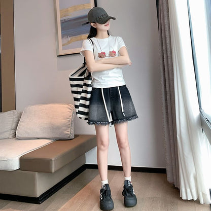 Denim Washed Waist Shorts Drawstring Fringed