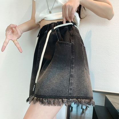 Denim Washed Waist Shorts Drawstring Fringed
