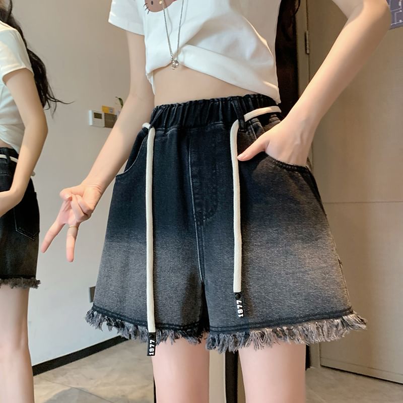 Denim Washed Waist Shorts Drawstring Fringed