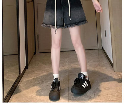 Denim Washed Waist Shorts Drawstring Fringed