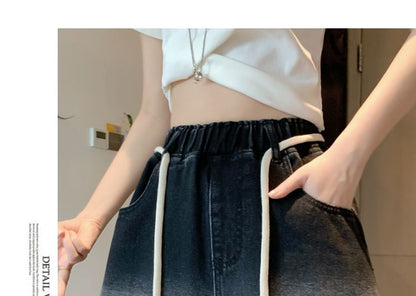 Denim Washed Waist Shorts Drawstring Fringed