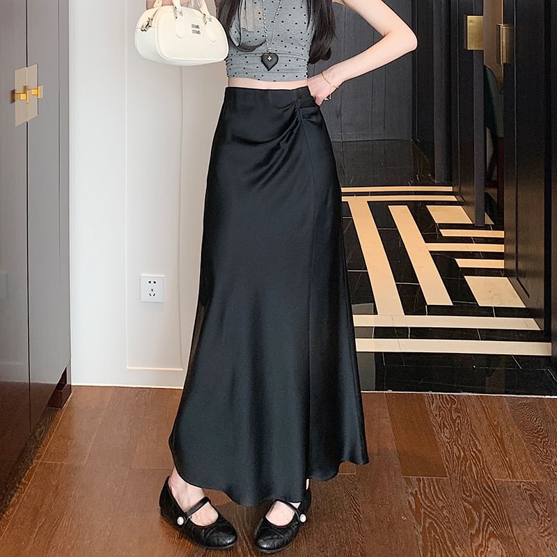 Waist A-Line High Midi Plain Skirt Ruched