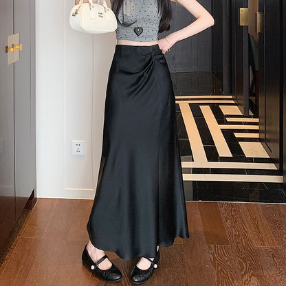 Waist A-Line High Midi Plain Skirt Ruched