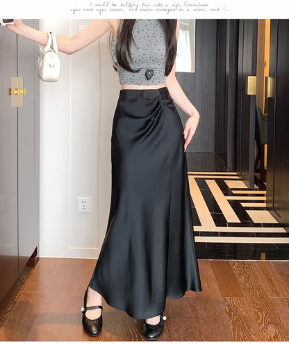 Waist A-Line High Midi Plain Skirt Ruched