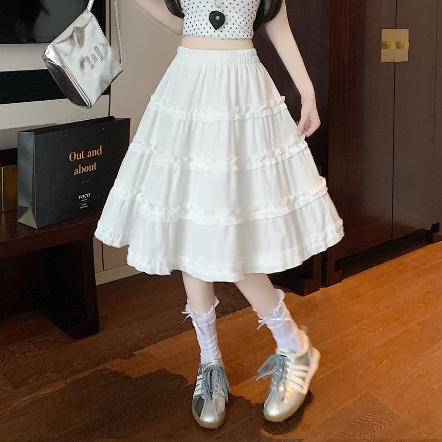 Plain A-Line Elastic Trim Ruffle Skirt Waist Tiered