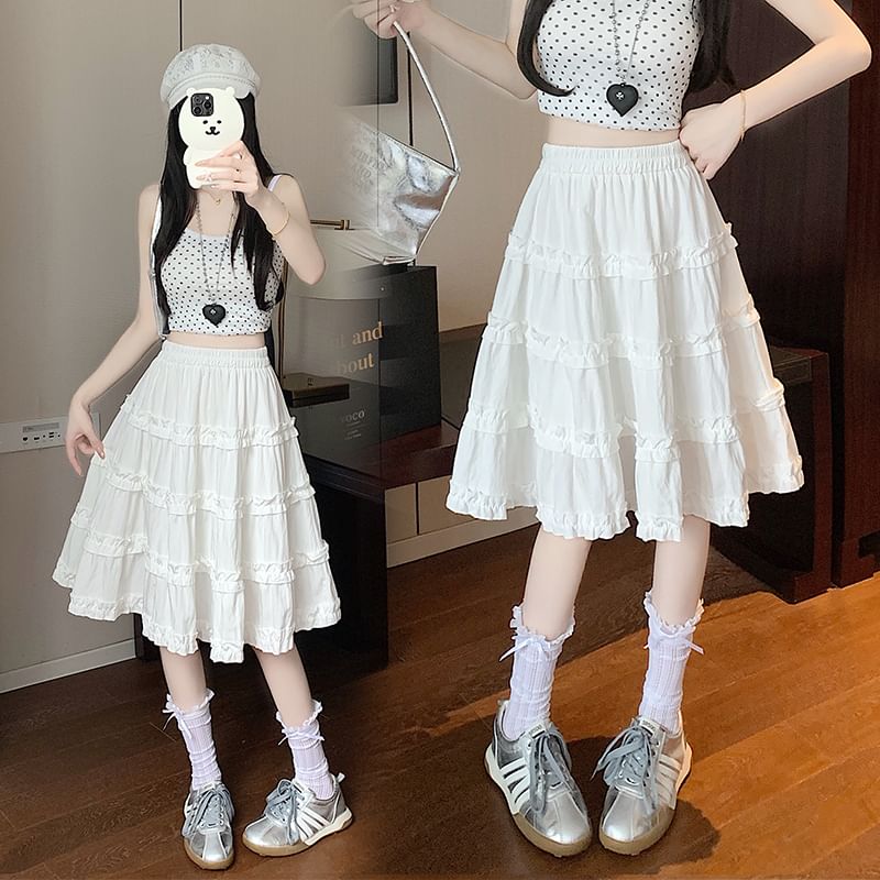 Plain A-Line Elastic Trim Ruffle Skirt Waist Tiered