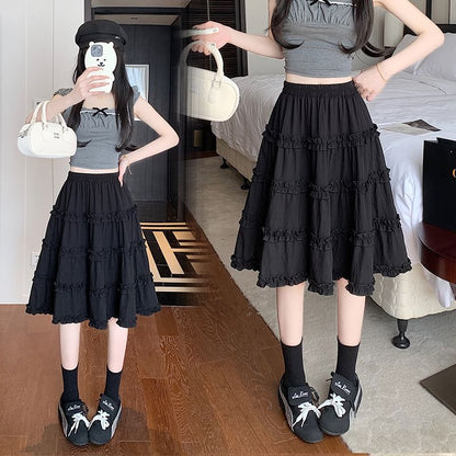 Plain A-Line Elastic Trim Ruffle Skirt Waist Tiered