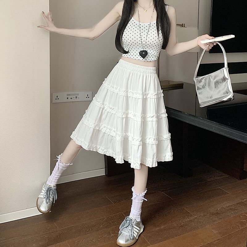 Plain A-Line Elastic Trim Ruffle Skirt Waist Tiered