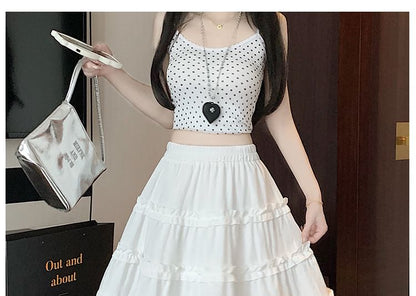 Plain A-Line Elastic Trim Ruffle Skirt Waist Tiered