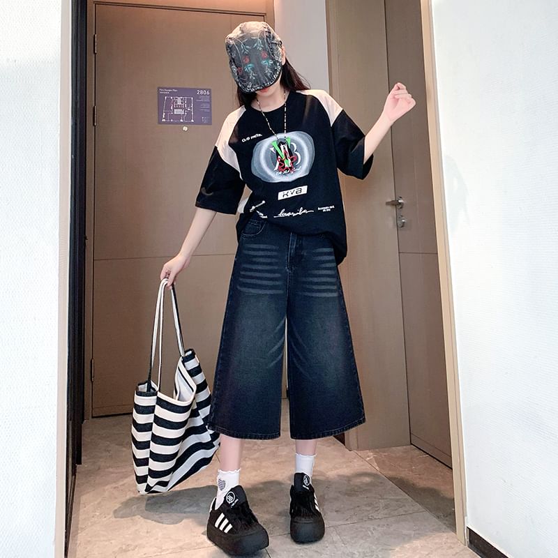 Wide Leg Washed Capri High Jeans Waist