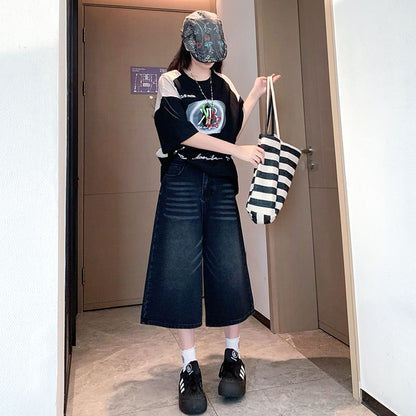 Wide Leg Washed Capri High Jeans Waist