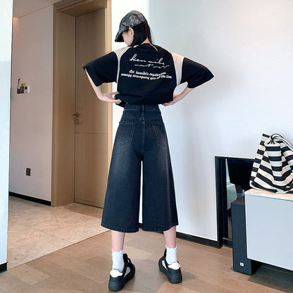 Wide Leg Washed Capri High Jeans Waist