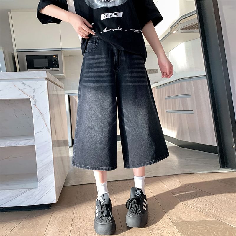 Wide Leg Washed Capri High Jeans Waist