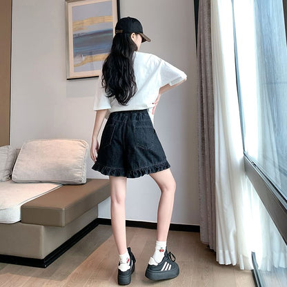 Denim Shorts Elastic Ruffle Waist Trim