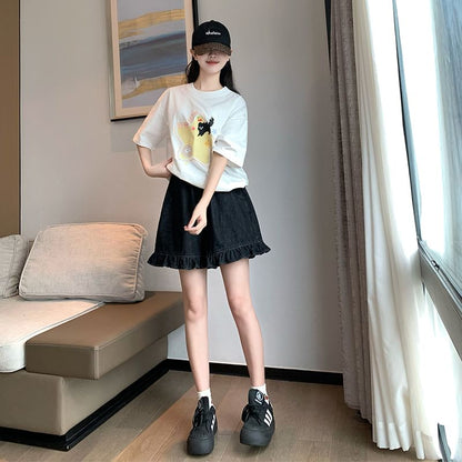 Denim Shorts Elastic Ruffle Waist Trim