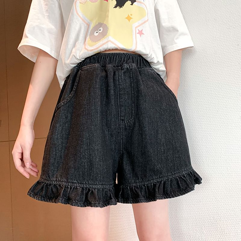 Denim Shorts Elastic Ruffle Waist Trim