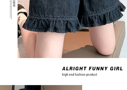 Denim Shorts Elastic Ruffle Waist Trim