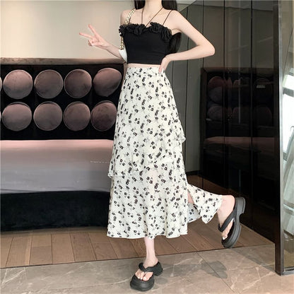 Slit Skirt Floral A-Line Midi Rise Tiered High