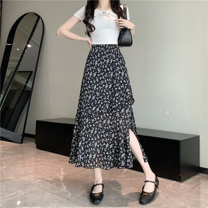 Slit Skirt Floral A-Line Midi Rise Tiered High