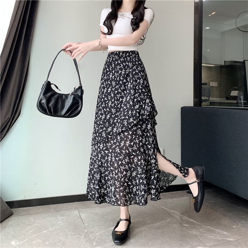 Slit Skirt Floral A-Line Midi Rise Tiered High