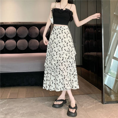 Slit Skirt Floral A-Line Midi Rise Tiered High