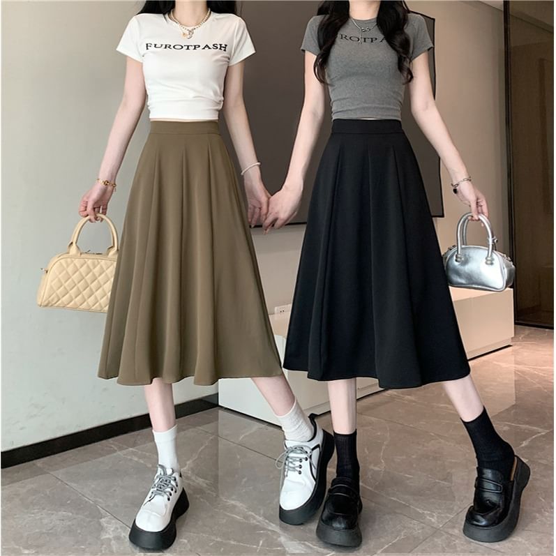 Skirt High Waist Midi A-Line Plain