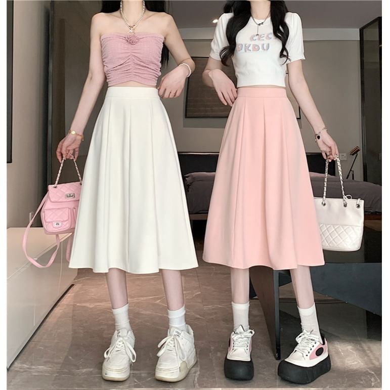 Skirt High Waist Midi A-Line Plain