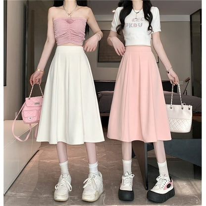 Skirt High Waist Midi A-Line Plain