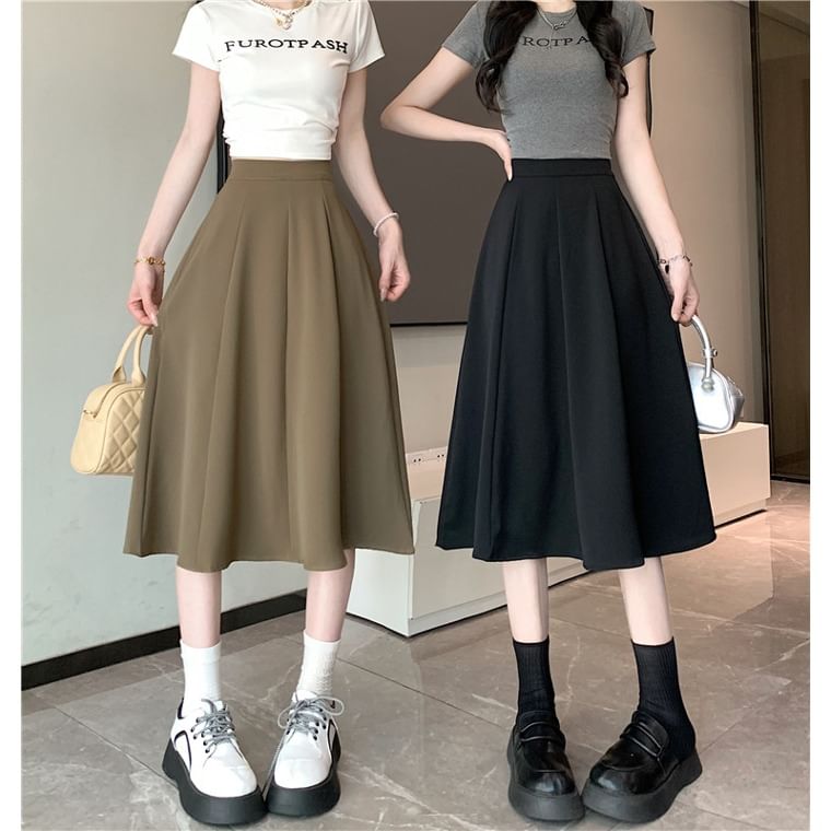 Skirt High Waist Midi A-Line Plain