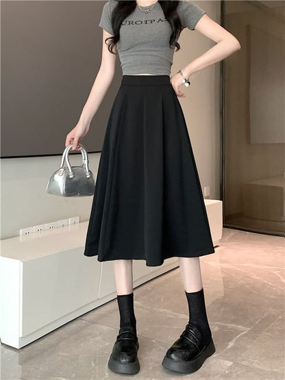 Skirt High Waist Midi A-Line Plain