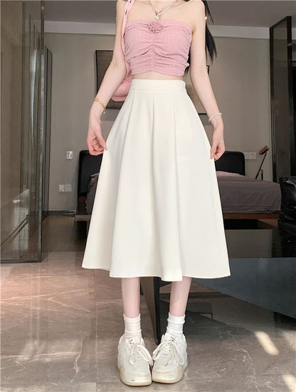 Skirt High Waist Midi A-Line Plain