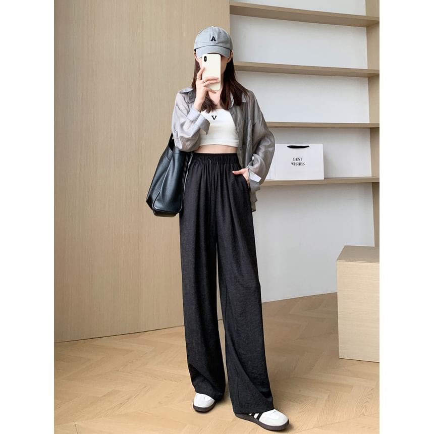 Plain Waist Pants Leg Wide Drawstring