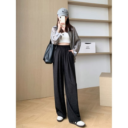 Plain Waist Pants Leg Wide Drawstring