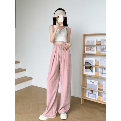 Plain Waist Pants Leg Wide Drawstring