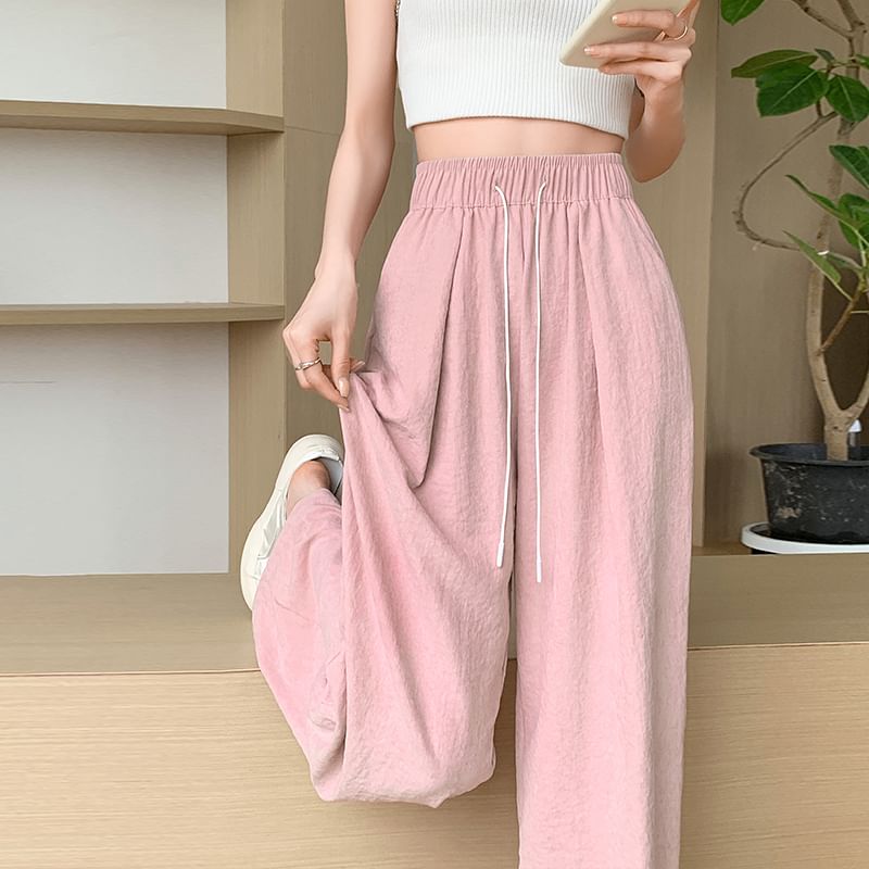 Plain Waist Pants Leg Wide Drawstring