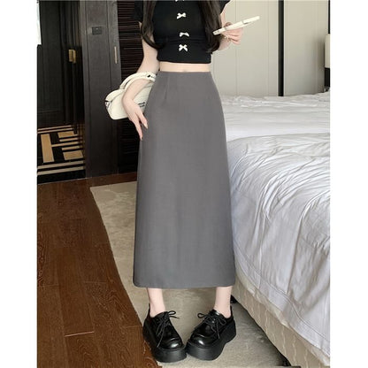 High Skirt Midi Plain Rise A-Line Slit