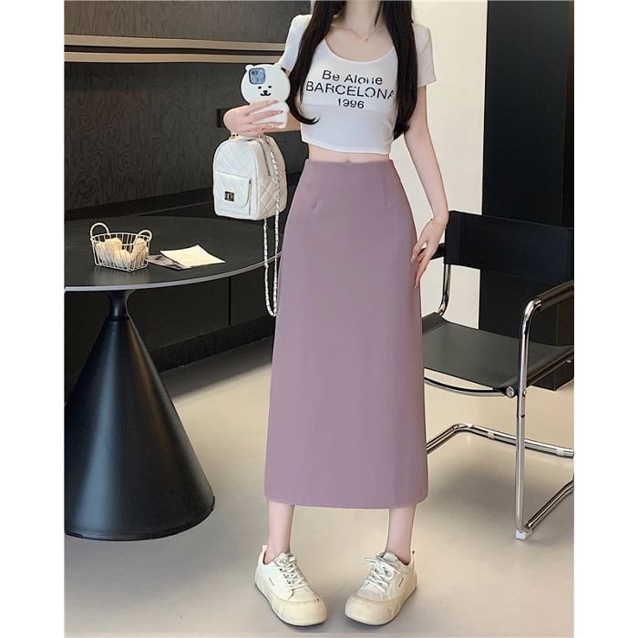 High Skirt Midi Plain Rise A-Line Slit