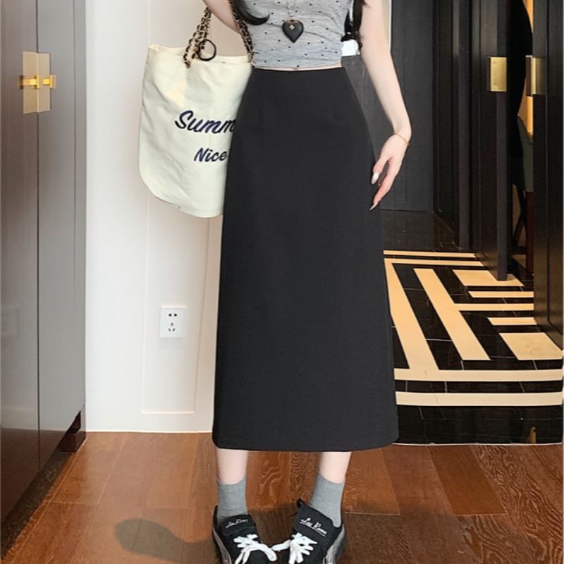 High Skirt Midi Plain Rise A-Line Slit