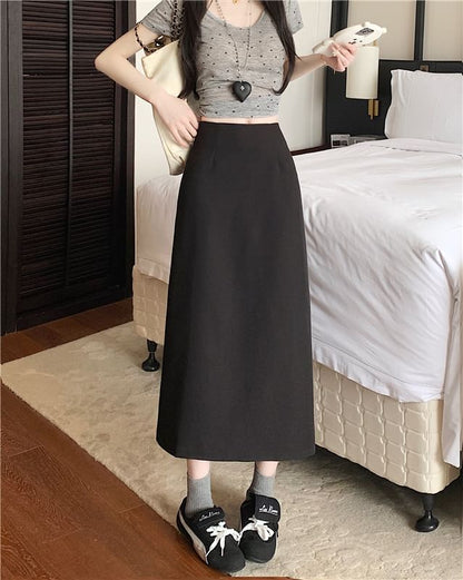 High Skirt Midi Plain Rise A-Line Slit