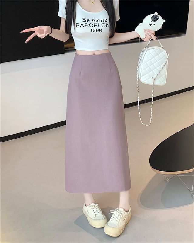 High Skirt Midi Plain Rise A-Line Slit