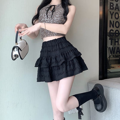 Waist Balletcore Elastic Tiered A-Line Skirt Plain Mini