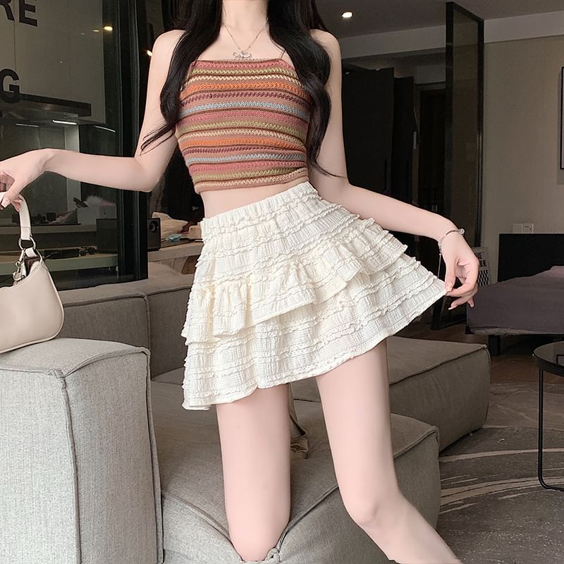 Waist Balletcore Elastic Tiered A-Line Skirt Plain Mini