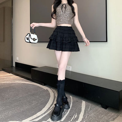 Waist Balletcore Elastic Tiered A-Line Skirt Plain Mini